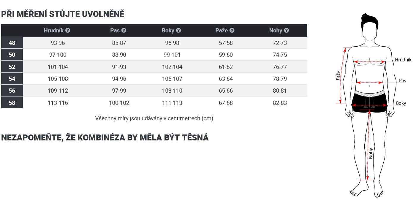 velikostní tabulka kombinéza 4sr